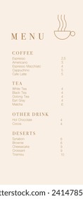 Cafe design menu. Coffee drinks menu price list for cafe, coffee shop vector template.