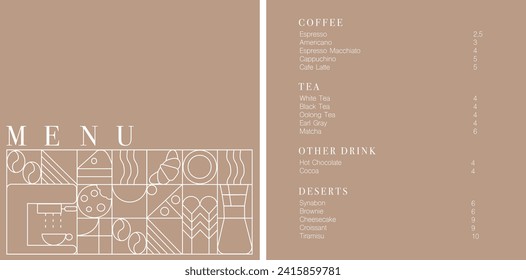 Cafe design menu. Coffee drinks menu price list for cafe, coffee shop vector template. Coffee linear print. Pattern with coffee theme in geometric minimalistic style. 