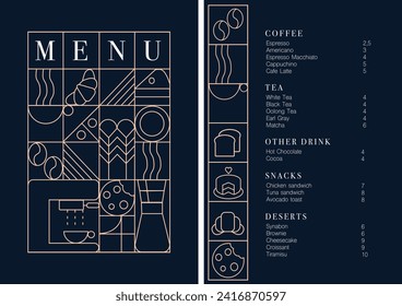 Cafe design menu. Coffee drinks menu price list for cafe, coffee shop vector template. Coffee linear print. Pattern with coffee theme in geometric minimalistic style. 