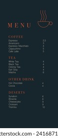 Cafe design menu. Coffee drinks menu price list for cafe, coffee shop vector template.
