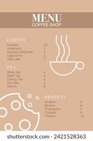 Cafe design menu. Coffee drinks menu price list for cafe, coffee shop vector template. 