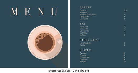 Cafe design menu. Coffee drinks menu price list for cafe, coffee shop vector template. Coffee linear print. Pattern with coffee theme in geometric minimalistic style. 