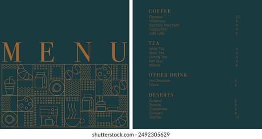 Cafe design menu. Coffee drinks menu price list for cafe, coffee shop vector template. Coffee linear print. Pattern with coffee theme in geometric minimalistic style. 