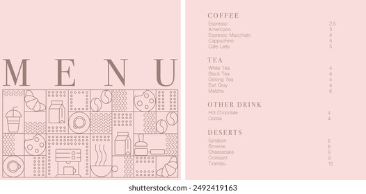 Cafe design menu. Coffee drinks menu price list for cafe, coffee shop vector template. Coffee linear print. Pattern with coffee theme in geometric minimalistic style. 