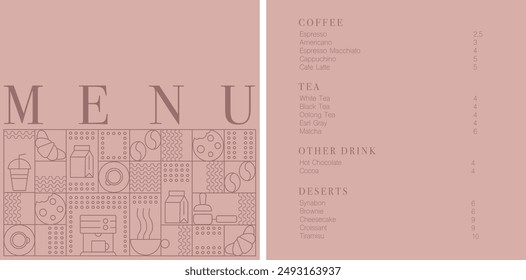 Cafe design menu. Coffee drinks menu price list for cafe, coffee shop vector template. Coffee linear print. Pattern with coffee theme in geometric minimalistic style. 