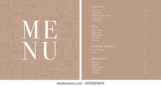 Cafe design menu. Coffee drinks menu price list for cafe, coffee shop vector template. Coffee linear print. Pattern with coffee theme in geometric minimalistic style. 