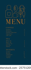 Cafe design menu. Coffee drinks menu price list for cafe, coffee shop vector template. Coffee linear print. Pattern with coffee theme in geometric minimalistic style. 