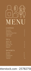 Cafe design menu. Coffee drinks menu price list for cafe, coffee shop vector template. Coffee linear print. Pattern with coffee theme in geometric minimalistic style. 