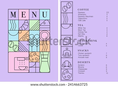 Cafe design menu. Coffee drinks menu price list for cafe, coffee shop vector template. Coffee linear print. Pattern with coffee theme in geometric minimalistic style. 