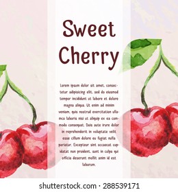 Cafe design. Vector vintage template with sweet cherry.  Abstract concept for food market, cafe. Watercolor background