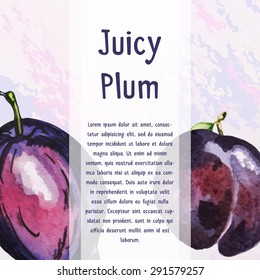 Cafe design. Vector vintage template with plum.  Abstract concept for food market, cafe. Watercolor background