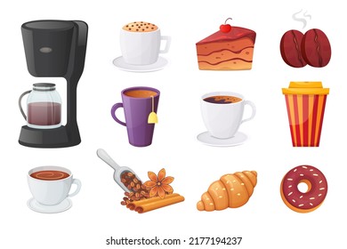 Cafe dessert and restaurant menu sweet food vector set. Cartoon coffee and tea icons. Coffee maker, percolator, tea cup, cake, croissant, espresso, and coffee beans.