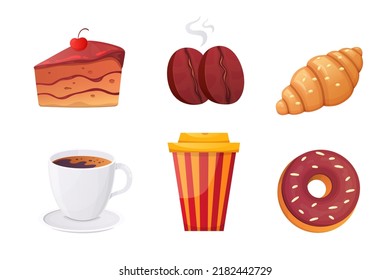 Cafe dessert and resttaurant menu sweet food vector set. Cartoon coffee and tea icons. Coffee maker, percolator, tea cup, cake, croissant, espresso, and coffee beans..