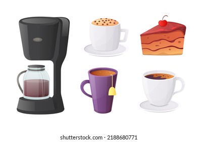 Cafe dessert and resttaurant menu sweet food vector set. Cartoon coffee and tea icons. Coffee maker, percolator, tea cup, cake, croissant, espresso, and coffee beans..