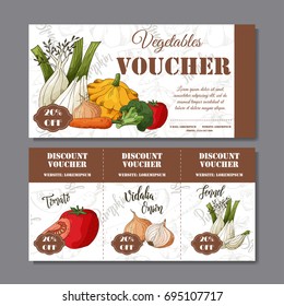 Cafe discount voucher for your business. Modern style with food element on background. Template vector with vegetables for farmers.