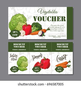 Cafe discount voucher for your business. Modern style with food element on background. Template vector with vegetables for farmers.