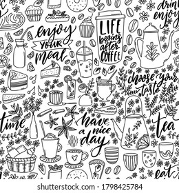 Cafe doodle seamless pattern. Cute background for wall with teapot, desserts, coffee and handwritten quotes. Enjoy your meal, have a nice day, choose your taste, tea time. Vector line art
