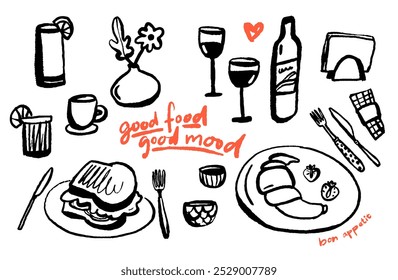 Cafe doodles, branch and lunch dishes, wine glasses, coffee cups. Croissant and toast served on plate. Modern trendy sketch outline elements. Good food good mood quote