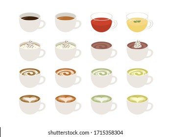 Cafe drink menu vector illustration set. coffee, black tea, herb tea, cappuccino,cocoa,mocha,milk tea,green tea,latte art,