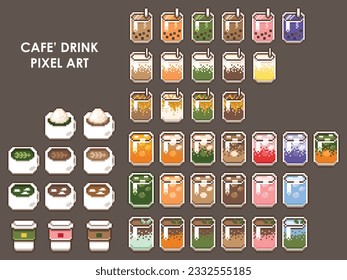 cafe drink in pixel art style vector set