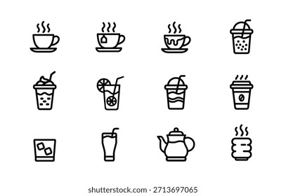 Cafe drinks side view outline icon set featuring coffee, tea, bubble tea, milkshake, smoothie, lemonade, hot chocolate, soda bottle, takeaway cup, teapot, mocktail and juice glass. Perfect for menu