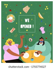 Cafe during the pandemic. Poster about lifting quarantine and opening restaurant, summer terrace and cafe. Bright vector flat poster in cartoon style with girlfriends in a cafe.