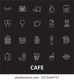 Cafe editable line icons vector set on black background. Cafe white outline illustrations, signs, symbols