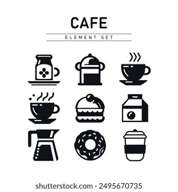 Cafe element set vector icons, logo isolated on white background. Coffee is hot in glasses and cups. Donut, dessert, menu for a coffee shop.