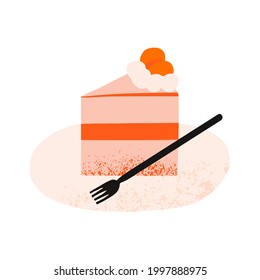 Cafe Element Sliced Cake With Fork And Plate Kitchenware Cartoon Doodle Bakery And Dessert Pastry Element Vector Illustration