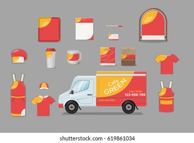 Cafe elements collection with tray menu pen signboard cups packages delivery truck in corporate identity design isolated vector illustration