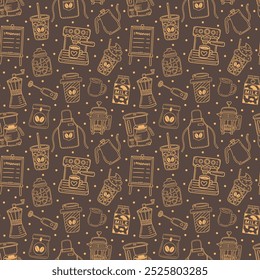 Cafe elements line art illustration on dark brown vector seamless pattern design.