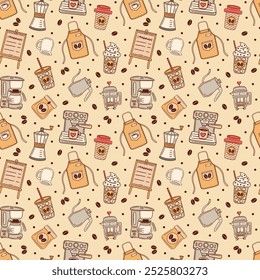 Cafe elements on yellow vector seamless pattern design.
