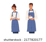 Cafe employees take an order. Young woman and man waiter in uniform listening and writing notes. Colored flat graphic vector illustration isolated on white background