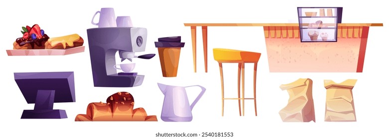 Cafe equipment set with espresso machine, pastry display, counter monitor, tall stool and serving table. Cozy restaurant interior collection with desserts, paper bags, milk pitcher and takeaway cup.