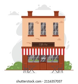 La fachada de la cafetería o de la cafetería o la vista frontal del edificio de la cafetería. Ilustración vectorial de la cafetería con terraza o veranda, mesas y sillas para los visitantes.