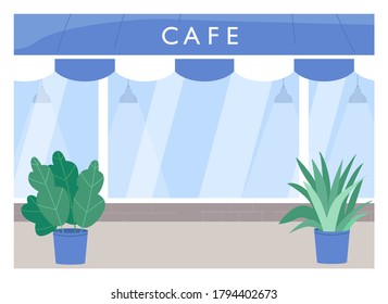 Cafe exterior flat color vector illustration. Coffee shop with sidewalk. Outside restaurant. Cantine outdoors. Empty patio. Urban 2D cartoon store front with diner display on background