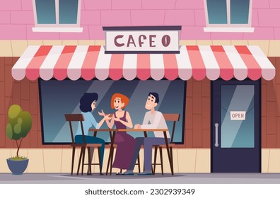 Cafe exterior. People happy couple sitting and relax on terrace exact vector background