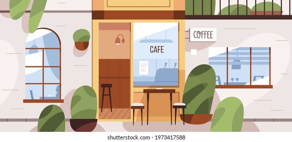 Cafe exterior with street terrace. Modern coffee shop building with tables and chairs outside. Front view of empty coffeehouse with open door. Urban cafeteria facade. Colored flat vector illustration