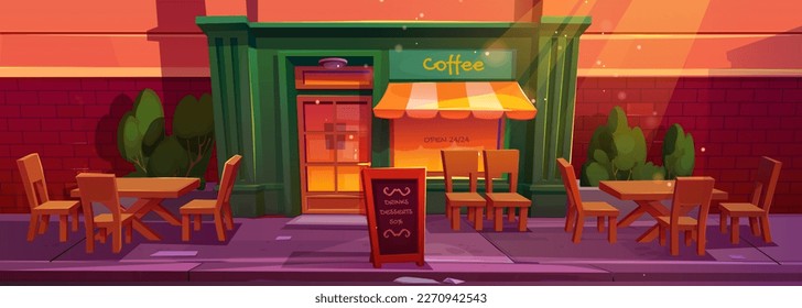 Cafe exterior with table and chair outside cartoon background. Outdoor restaurant on city street vector illustration. Retro signboard near bar entrance. Vintage furniture for coffeehouse on sidewalk.