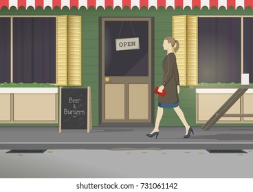 Cafe facade. Autumn city. Young stylish woman walking in a street. Retro style poster. Vector illustration.