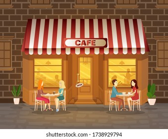Cafe Facade With Evening With People Drinking Coffee Vector Illustration. Open Plate On Door Flat Style. City Cafe. Cozy Exterior Of Coffeeshop And Summer Terrace Concept
