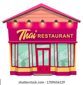 Cafe Facade Isolated Building Exterior. Thai Restaurant With Signboard And Window Showing Interior. Construction With Light Bulbs And Wide Windows. Asian Food And Dishes. Vector In Flat Style