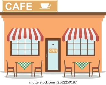 Cafe, cafe facade in retro style with tables isolated on white background. Vector, cartoon illustration. Vector.