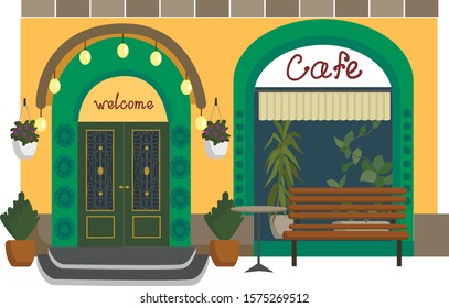 cafe facade in yellow and turquoise colors