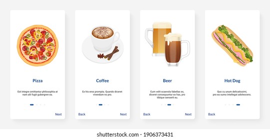 Cafe fast food and drink menu cartoon vector illustration. UX, UI onboarding mobile app page screen set with fastfood takeaway pizza coffee beer hot dog for bar, coffeehouse or pizzeria restaurant
