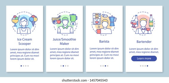 Cafe & fast food industry part-time job onboarding mobile app page screen with linear concepts. Barista, bartender walkthrough steps graphic instruction. UX, UI, GUI vector template with illustrations