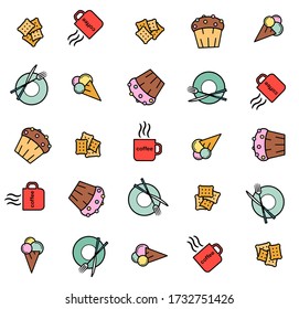 cafe food concept pattern. Сup of coffee, ice cream, cake, cutlery, plate, fork and knife, cookies.
