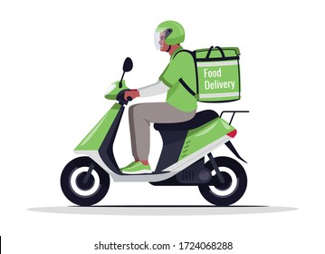 Cafe food delivery semi flat RGB color vector illustration. African american courier on motorbike. Delivery man in helmet and green uniform isolated cartoon character on white background