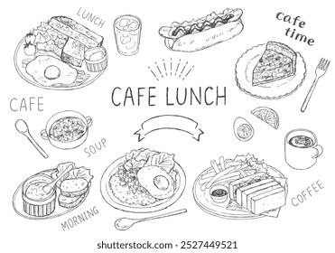 
Jogo de ilustração desenhado à mão de comida de café