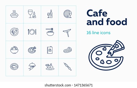 Cafe and food icons. Set of line icons on white background. Wine bottle, pizza, plate, chicken. Vector illustration can be used for topics like restaurant, cafes, food